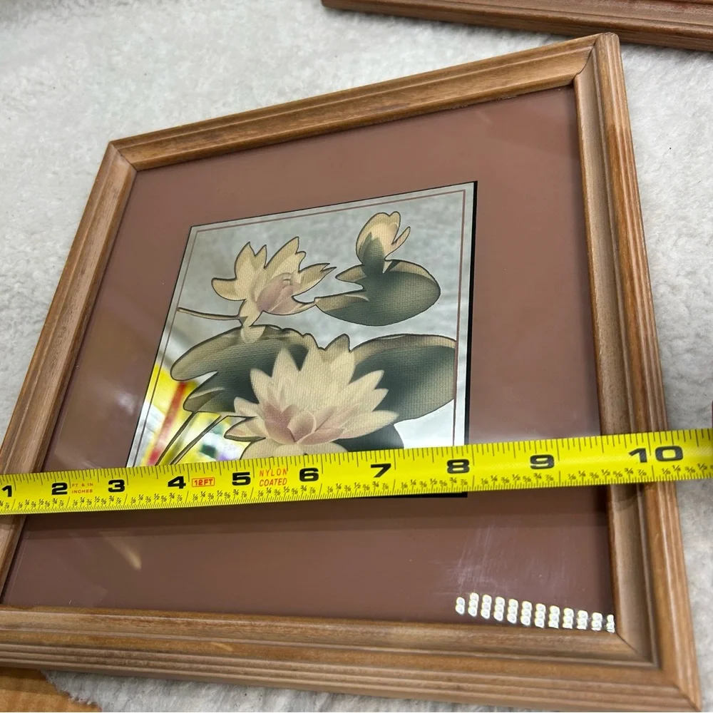 Vintage 90's wooden framed mirror mauve Lily & Lotus flower set 10